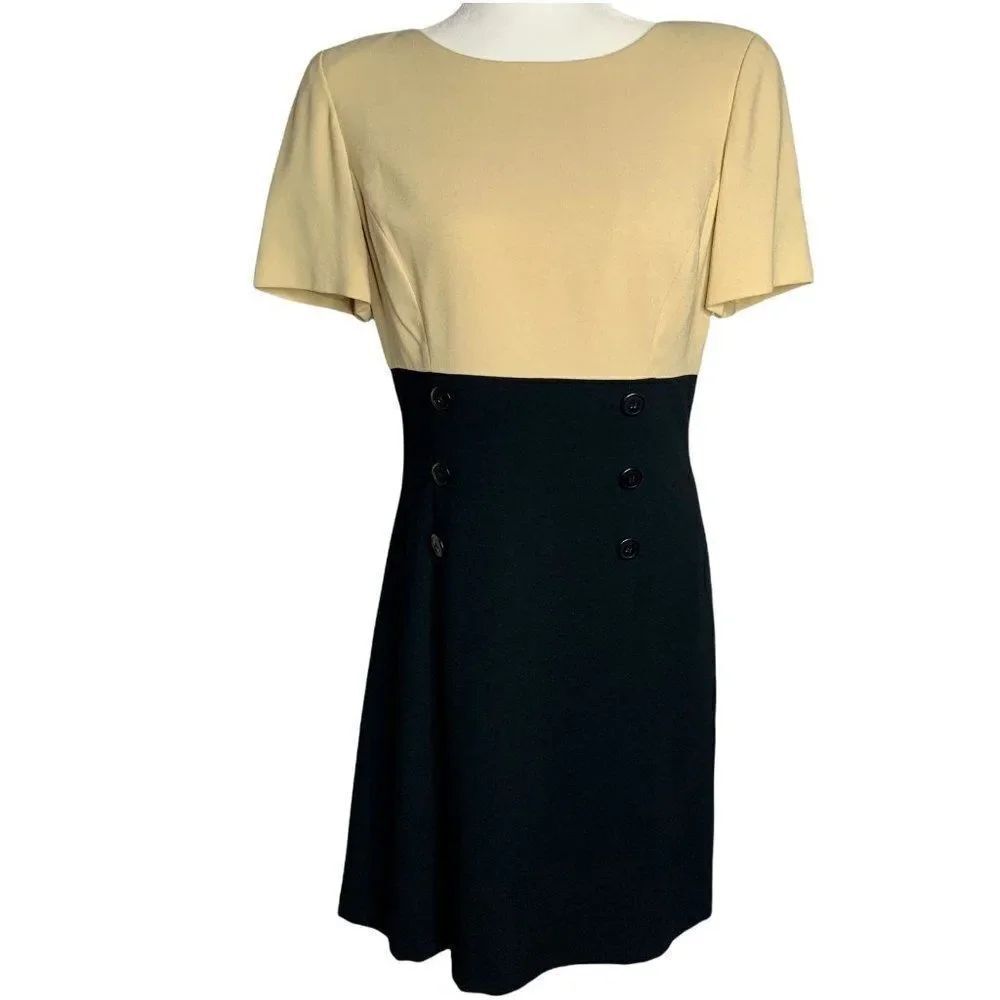 Vintage Liz Claiborne Sheath Dress 10P Black Tan Nautical Lined Zip Short Sleeve